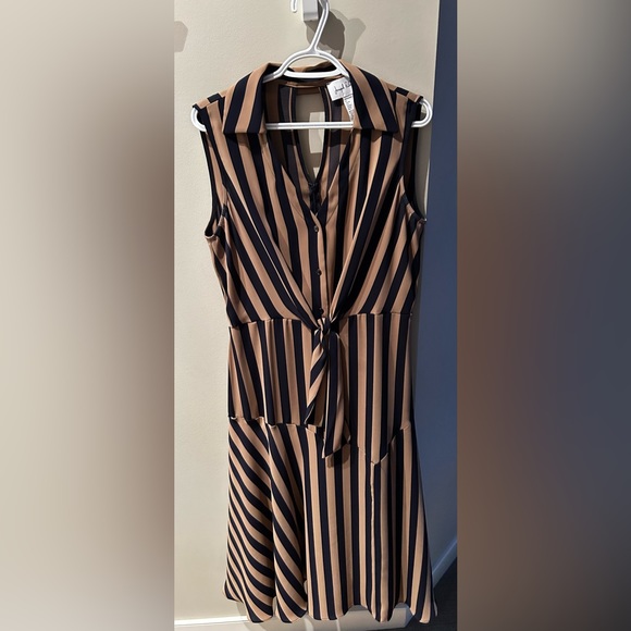 Joseph Ribkoff Midnight Blue-Beige Striped Fit & Flare Dress Style - Picture 5 of 11